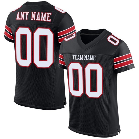 Maillot de football en maille noir, blanc et rouge, authentique et personnalisé Maillot de football en maille noir, blanc et rouge, authentique et personnalisé