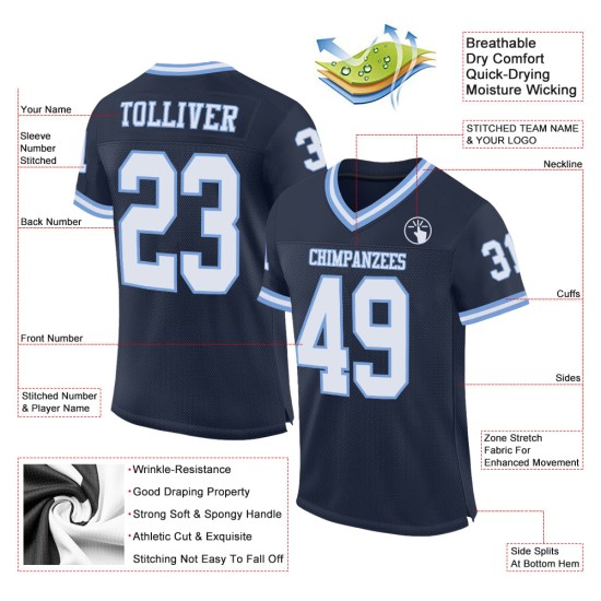 Maillot de football rétro bleu marine authentique personnalisé en maille blanc-bleu clair Maillot de football rétro bleu marine authentique personnalisé en maille blanc-bleu clair