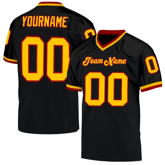 Maillot de football personnalisé authentique noir rétro en maille or-rouge Maillot de football personnalisé authentique noir rétro en maille or-rouge