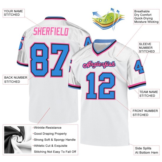 Maillot de football authentique Powder Throwback Mesh personnalisé bleu-rose blanc Maillot de football authentique Powder Throwback Mesh personnalisé bleu-rose blanc