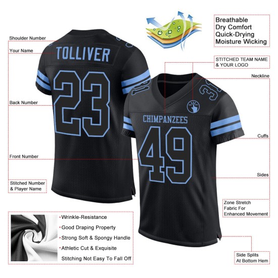 Maillot de football personnalisé en maille noir-bleu clair authentique Maillot de football personnalisé en maille noir-bleu clair authentique