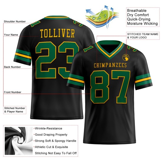 Maillot de football authentique personnalisé noir Kelly Mesh vert-or Maillot de football authentique personnalisé noir Kelly Mesh vert-or