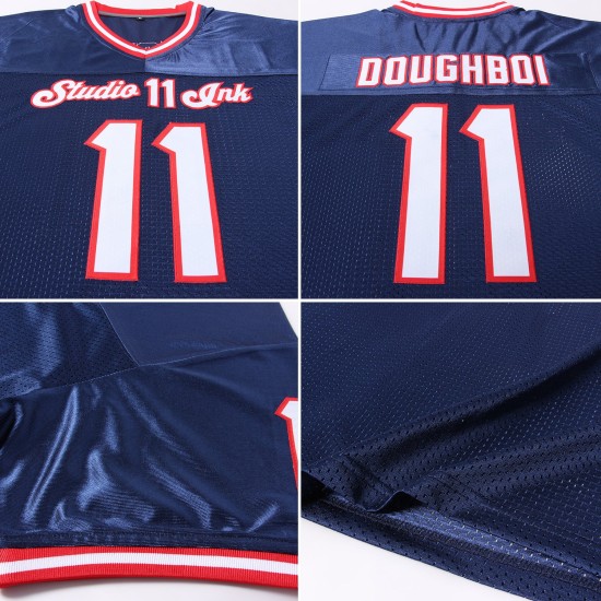 Maillot de football personnalisé authentique en maille bleu marine, blanc et rouge Maillot de football personnalisé authentique en maille bleu marine, blanc et rouge