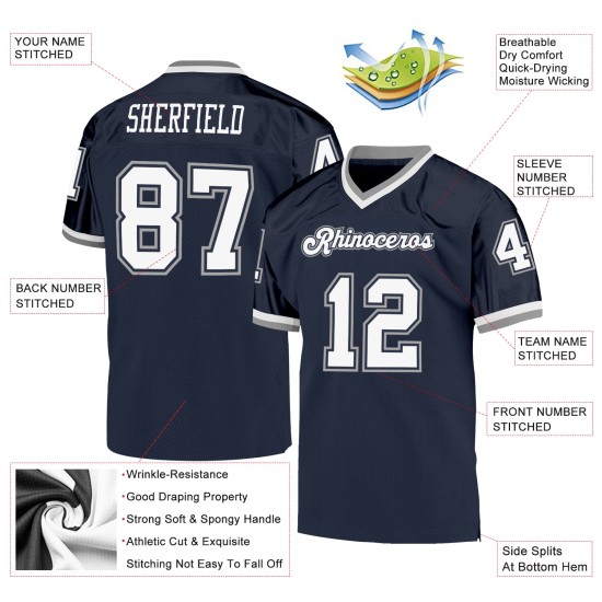 Maillot de football en maille bleu marine, blanc et gris, personnalisé, rétro, authentique Maillot de football en maille bleu marine, blanc et gris, personnalisé, rétro, authentique