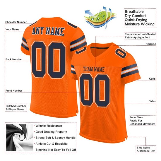 Maillot de football en maille orange bleu marine et blanc, personnalisé et authentique Maillot de football en maille orange bleu marine et blanc, personnalisé et authentique