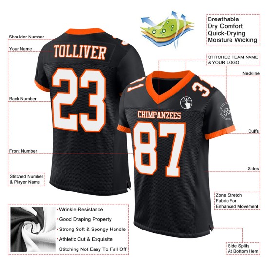 Maillot de football authentique noir blanc-orange en maille personnalisée Maillot de football authentique noir blanc-orange en maille personnalisée