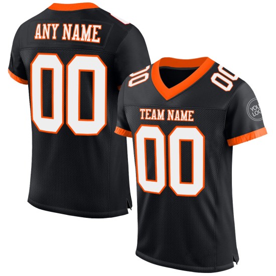 Maillot de football authentique noir blanc-orange en maille personnalisée Maillot de football authentique noir blanc-orange en maille personnalisée