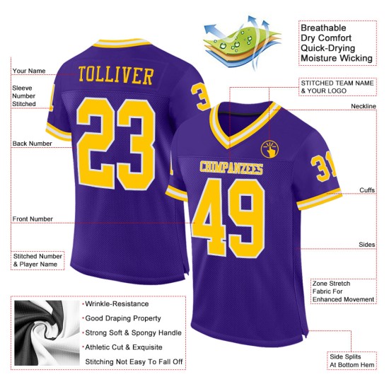 Maillot de football rétro en maille or-blanc authentique personnalisé violet Maillot de football rétro en maille or-blanc authentique personnalisé violet