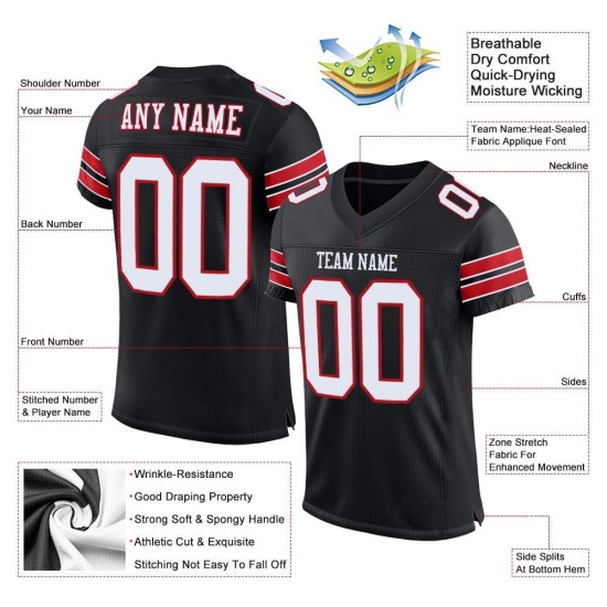 Maillot de football en maille noir, blanc et rouge, authentique et personnalisé Maillot de football en maille noir, blanc et rouge, authentique et personnalisé