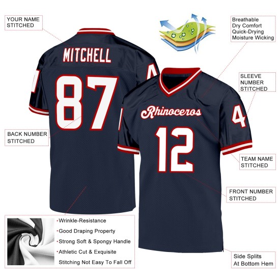 Maillot de football personnalisé authentique en maille bleu marine, blanc et rouge Maillot de football personnalisé authentique en maille bleu marine, blanc et rouge