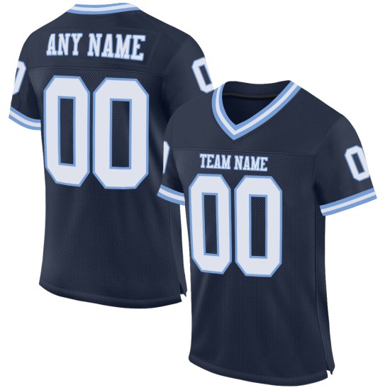 Maillot de football rétro bleu marine authentique personnalisé en maille blanc-bleu clair Maillot de football rétro bleu marine authentique personnalisé en maille blanc-bleu clair