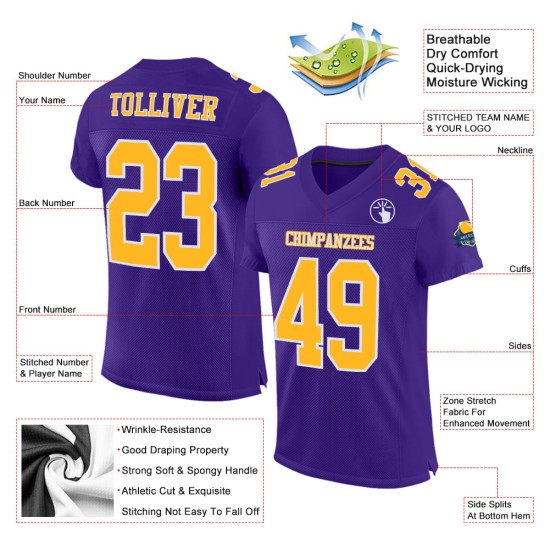 Maillot de football personnalisé violet, doré et blanc, authentique Maillot de football personnalisé violet, doré et blanc, authentique