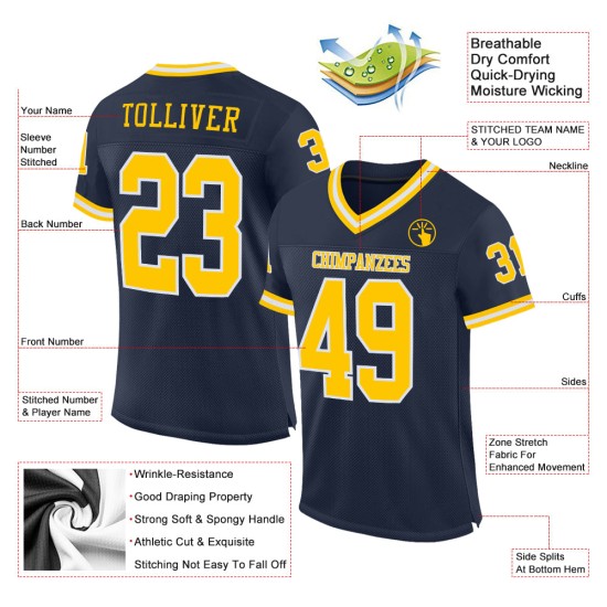 Maillot de football personnalisé rétro en maille dorée et blanche, bleu marine, authentique Maillot de football personnalisé rétro en maille dorée et blanche, bleu marine, authentique